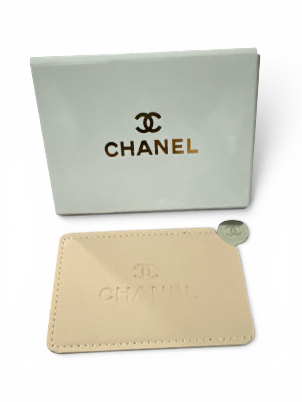CHANEL beige leather pocket mirror with gold logo box